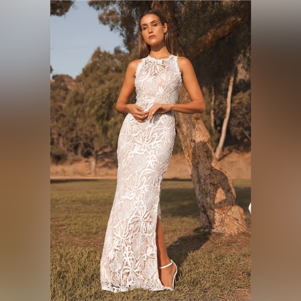 White Crochet Lace Mermaid Maxi Dress Large Boho Wedding Bridal Beach Gown